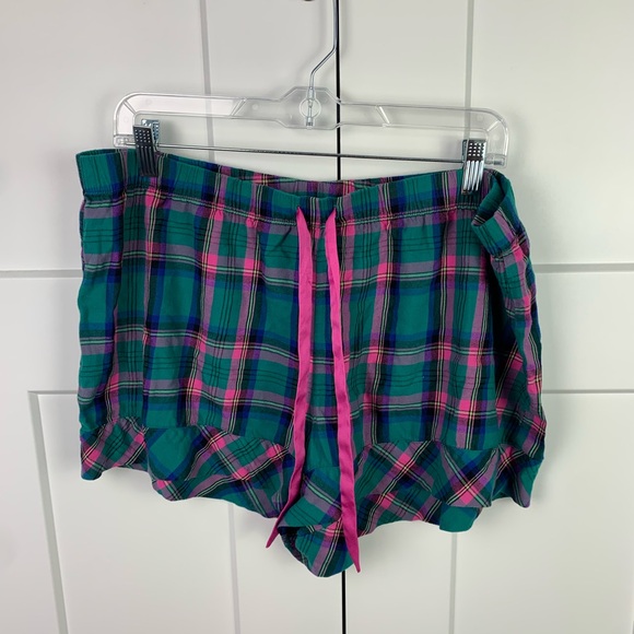 Victorias Secret XL 3 Piece Pajama Set Shorts Button Front Green Pink Plaid - Picture 3 of 11